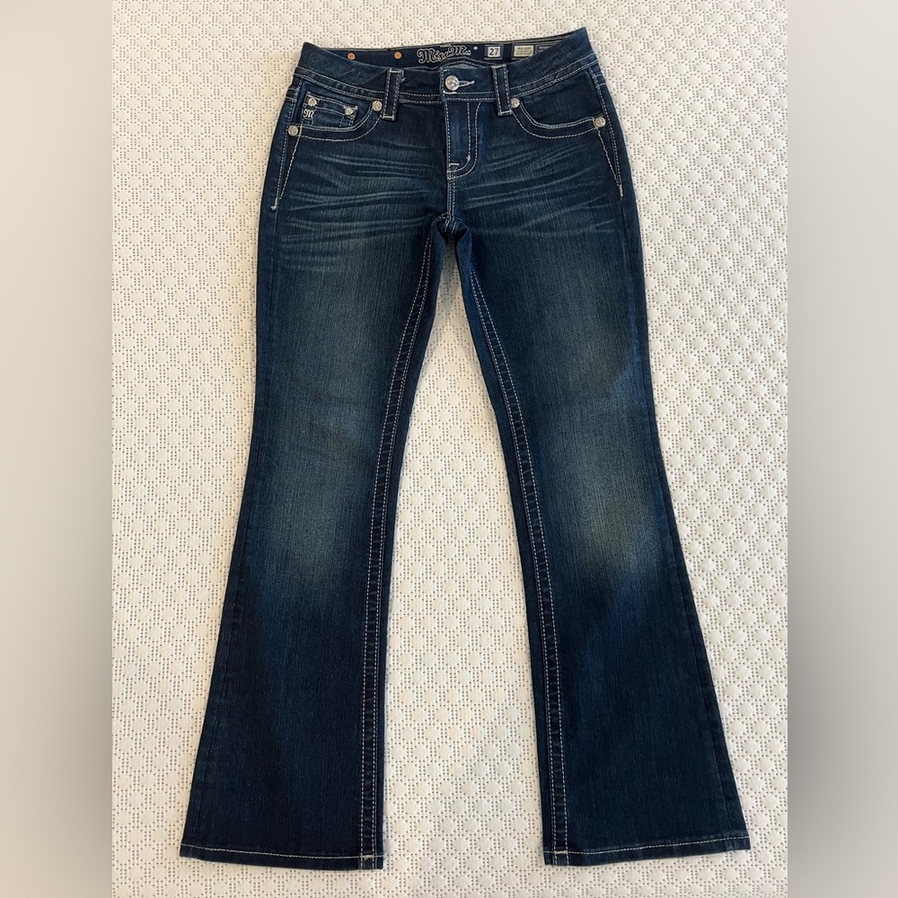 Miss Me Jeans Womens Dark Wash Mid-Rise Easy Boot Size 3/4 (27) Rhinestone